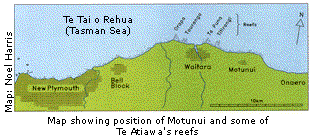 Map showing the position of Motunui and some of Te Atiawa&#039;s reefs