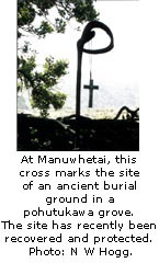 At Manuwhetai, this cross marks the site of an ancient burial ground.