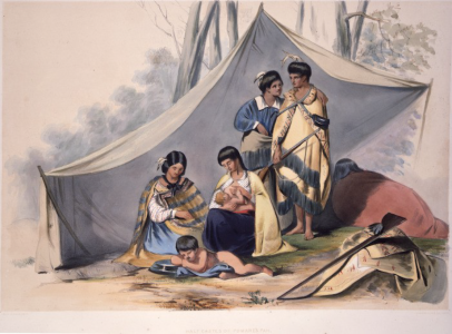 A  group of Maori in front of a tent shelter. The group includes two seated women, one breast-feeding an infant, a naked toddler reclining in front and two young men standing behind, one with a rifle and cartridge case. A tewhatewha lies in front on top of a pile of cloaks. A third woman kneels to the right, her back to the artist and her face hidden.
